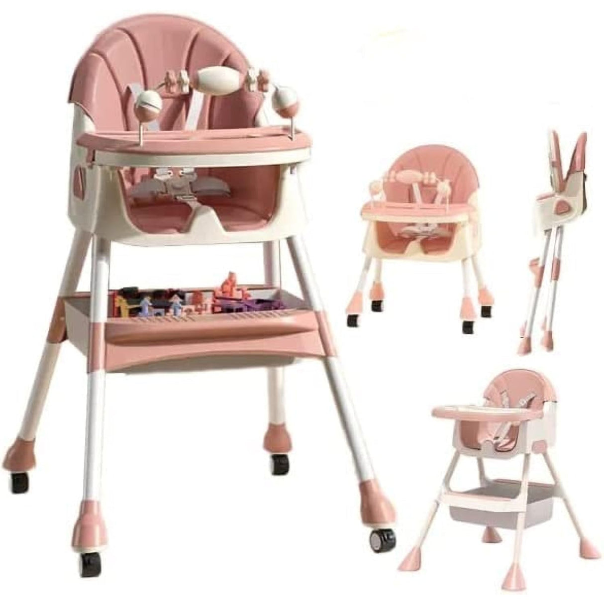 Scaun De Masa 2In1, Pentru Copii De La 6 Luni - 5 Ani, Inaltime Reglabila, Centura In 5 Puncte, Tava De Masa, Roti Cu Frana, Cos Depozitare, Jucarie Inclusa