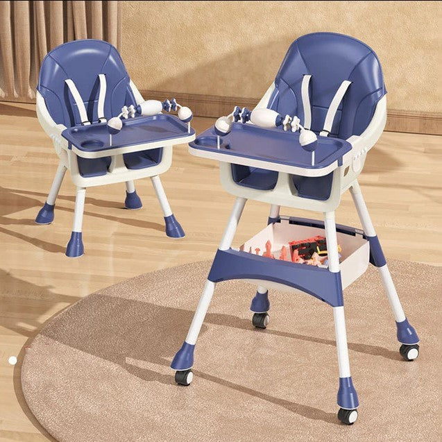 Scaun de Masa 2in1, Flippy, pentru Copii de la 6 luni - 5 Ani, Inaltime Reglabila, Centura in 5 Puncte, Tava de Masa, Roti cu Frana, Cos Depozitare, Jucarie Inclusa, 94 x 78 x 60 cm, Albastru/Alb