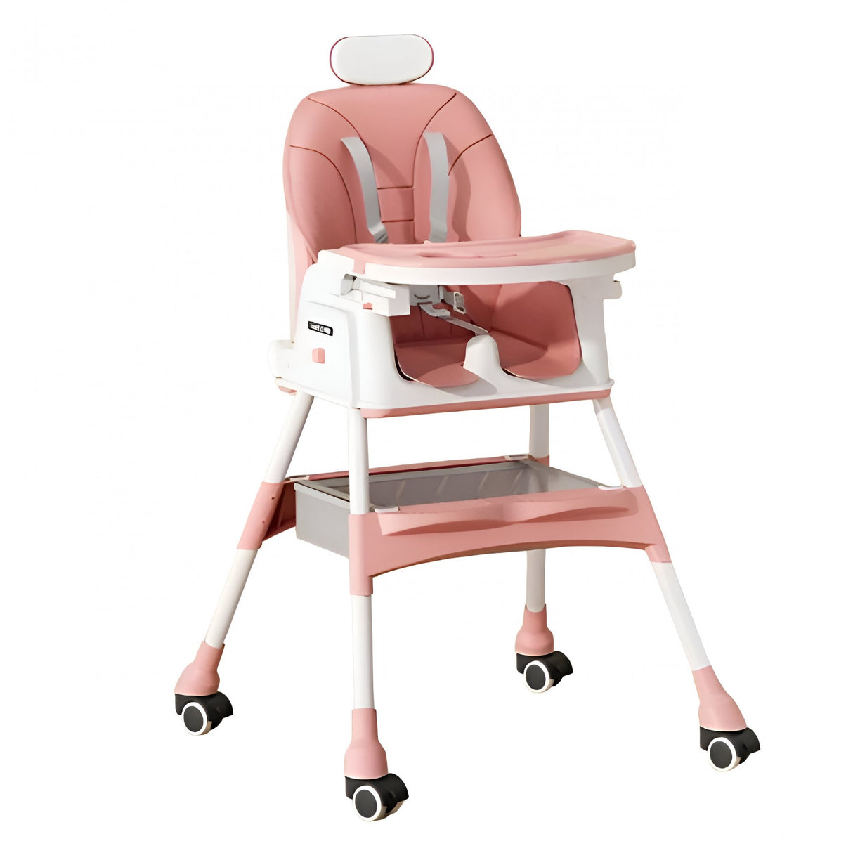 Scaun De Masa Pentru Bebelusi Si Copii Cu Roti, Cu Tetiera, Telescopic, Pliabil, Masuta Reglabila, Suport Picioare, Scaun Cu Invelis Piele Artificiala, Centura Siguranta, Spatiu Depozitare