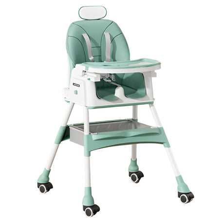 Scaun De Masa Pentru Bebelusi Si Copii Cu Roti, Cu Tetiera, Telescopic, Pliabil, Masuta Reglabila, Suport Picioare, Scaun Cu Invelis Piele Artificiala, Centura Siguranta, Spatiu Depozitare