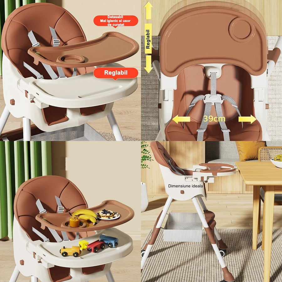 Scaun De Masa Pentru Bebelusi Si Copii Cu Roti, Telescopic, Pliabil, Masuta Reglabila, Suport Picioare, Scaun Invelis Piele Artificiala, Centura Siguranta, Spatiu Depozitare
