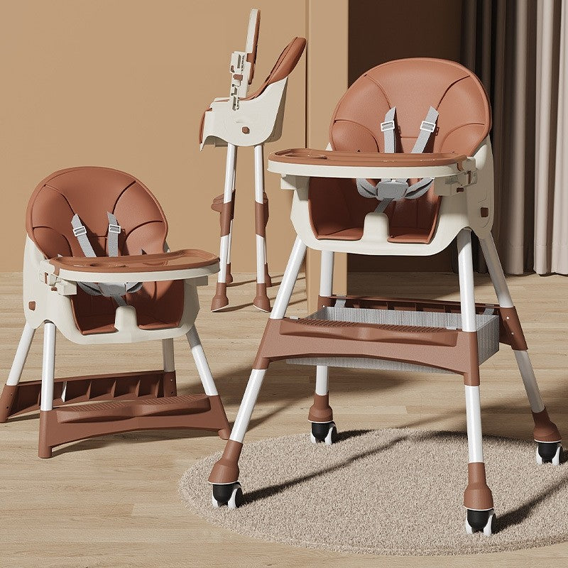 Scaun De Masa Pentru Bebelusi Si Copii Cu Roti, Telescopic, Pliabil, Masuta Reglabila, Suport Picioare, Scaun Invelis Piele Artificiala, Centura Siguranta, Spatiu Depozitare