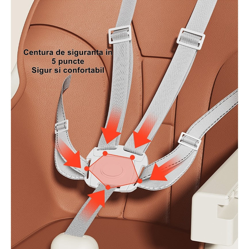 Scaun De Masa Pentru Bebelusi Si Copii Cu Roti, Telescopic, Pliabil, Masuta Reglabila, Suport Picioare, Scaun Invelis Piele Artificiala, Centura Siguranta, Spatiu Depozitare