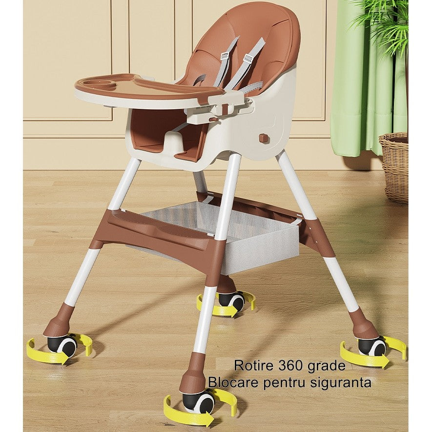 Scaun De Masa Pentru Bebelusi Si Copii Cu Roti, Telescopic, Pliabil, Masuta Reglabila, Suport Picioare, Scaun Invelis Piele Artificiala, Centura Siguranta, Spatiu Depozitare