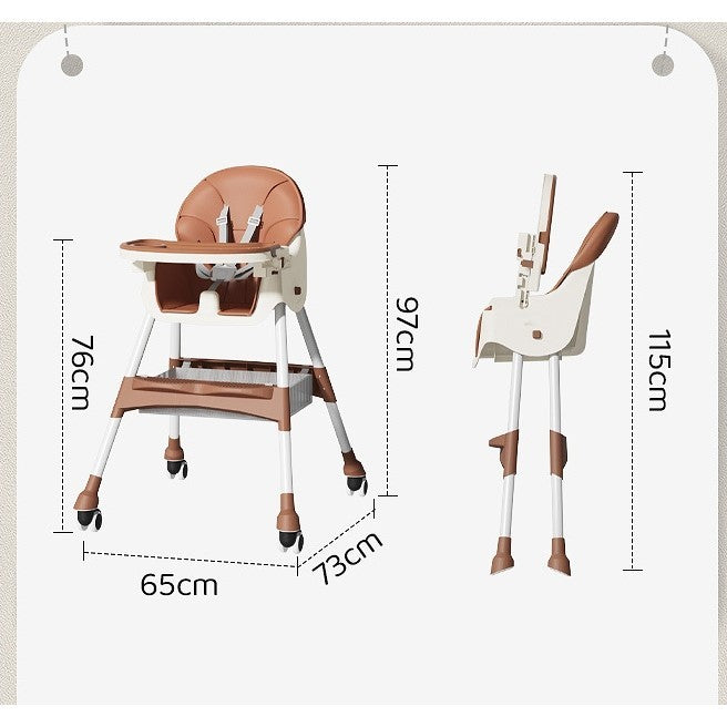 Scaun De Masa Pentru Bebelusi Si Copii, Cu Roti, Telescopic, Pliabil, Masuta Reglabila, Suport Picioare, Scaun Cu Invelis Piele Artificiala, Centura Siguranta, Spatiu Depozitare