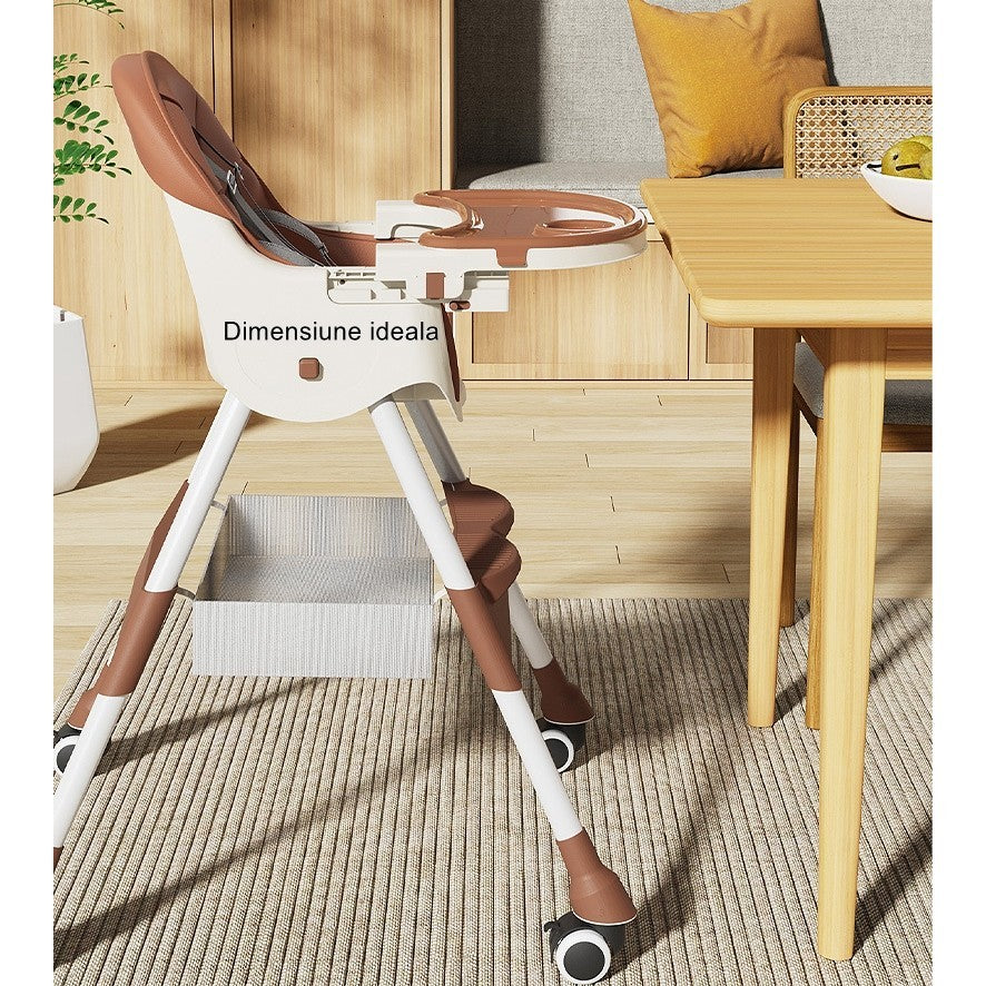 Scaun De Masa Pentru Bebelusi Si Copii, Cu Roti, Telescopic, Pliabil, Masuta Reglabila, Suport Picioare, Scaun Cu Invelis Piele Artificiala, Centura Siguranta, Spatiu Depozitare