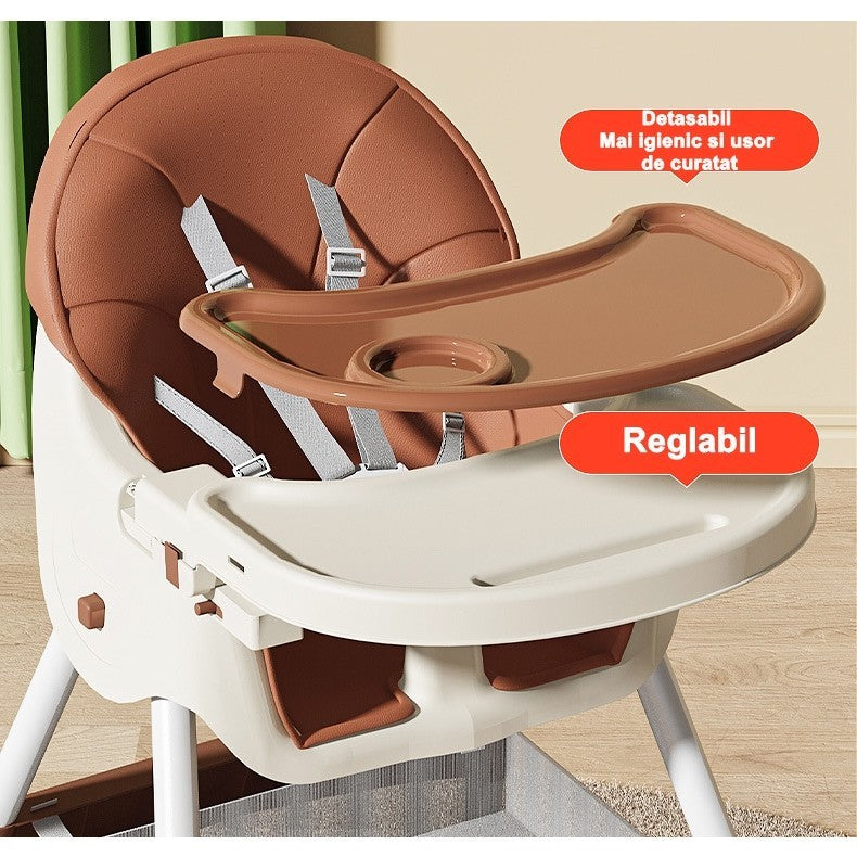 Scaun De Masa Pentru Bebelusi Si Copii, Cu Roti, Telescopic, Pliabil, Masuta Reglabila, Suport Picioare, Scaun Cu Invelis Piele Artificiala, Centura Siguranta, Spatiu Depozitare