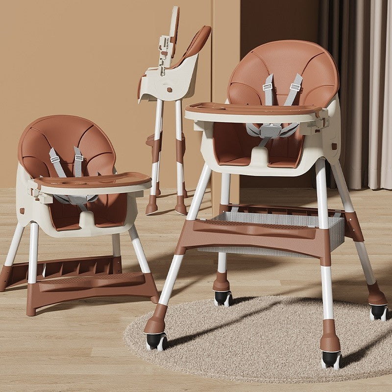Scaun De Masa Pentru Bebelusi Si Copii, Cu Roti, Telescopic, Pliabil, Masuta Reglabila, Suport Picioare, Scaun Cu Invelis Piele Artificiala, Centura Siguranta, Spatiu Depozitare