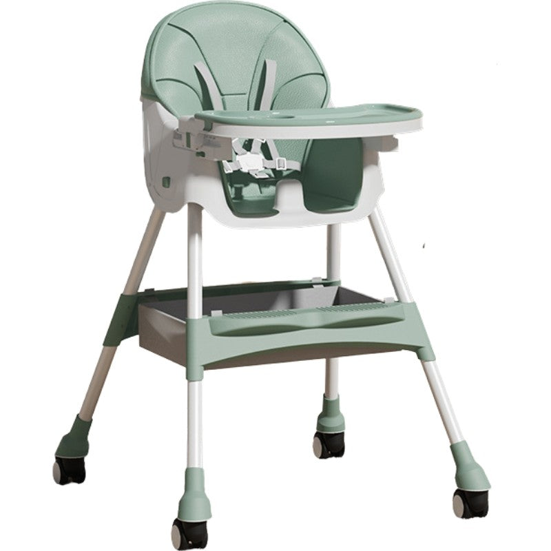 Scaun De Masa Pentru Bebelusi Si Copii Cu Roti, Telescopic, Pliabil, Masuta Reglabila, Suport Picioare, Scaun Invelis Piele Artificiala, Centura Siguranta, Spatiu Depozitare