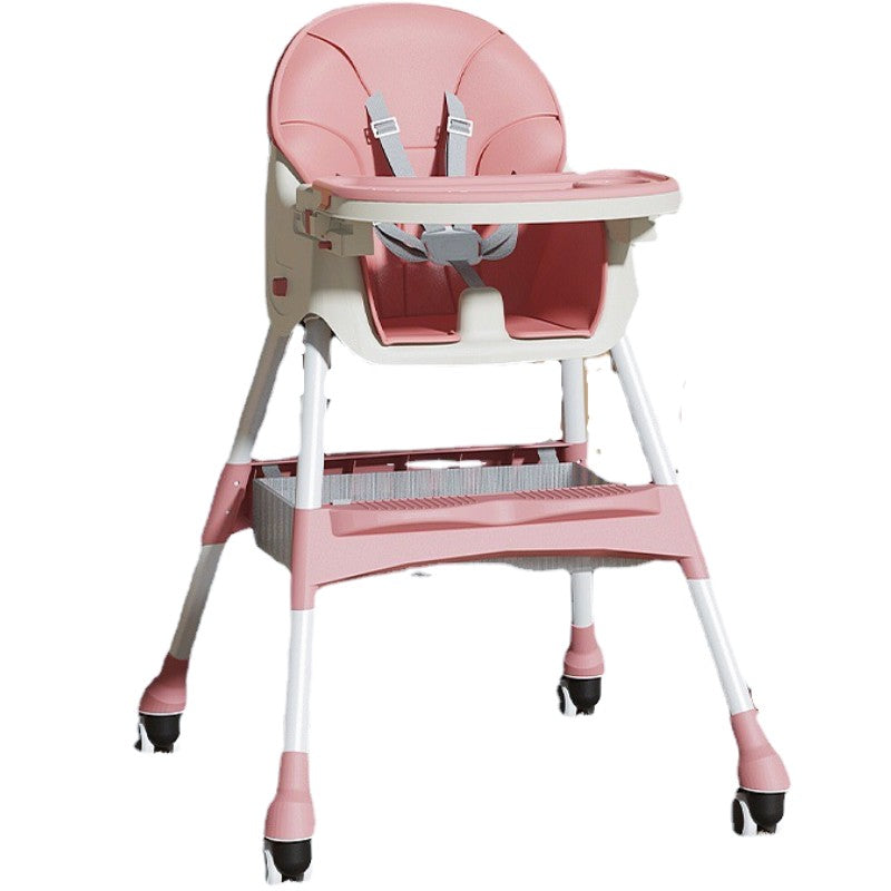 Scaun De Masa Pentru Bebelusi Si Copii Cu Roti, Telescopic, Pliabil, Masuta Reglabila, Suport Picioare, Scaun Invelis Piele Artificiala, Centura Siguranta, Spatiu Depozitare