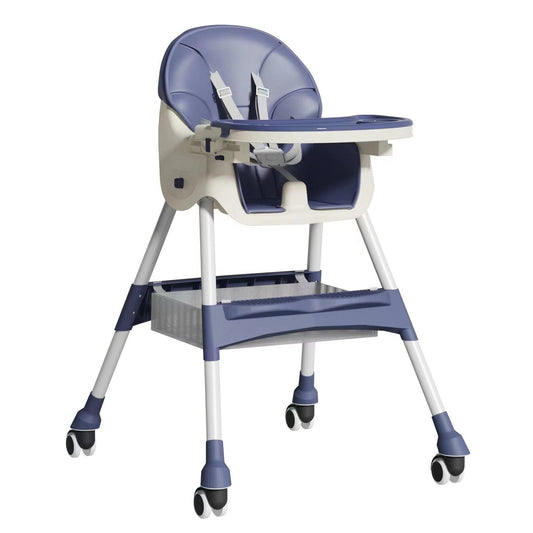 Scaun De Masa Pentru Bebelusi Si Copii, Cu Roti, Telescopic, Pliabil, Masuta Reglabila, Suport Picioare, Scaun Cu Invelis Piele Artificiala, Centura Siguranta, Spatiu Depozitare