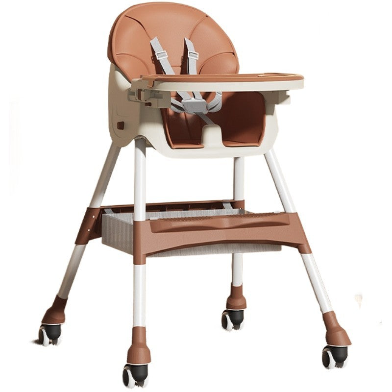 Scaun De Masa Pentru Bebelusi Si Copii, Cu Roti, Telescopic, Pliabil, Masuta Reglabila, Suport Picioare, Scaun Cu Invelis Piele Artificiala, Centura Siguranta, Spatiu Depozitare