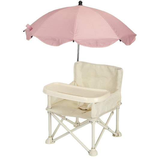 Scaun de Masa pentru Bebelusi si Copii, Vivimall, Tavita si Husa Detasabile, Multifuncțional, Stabil, Centura de Siguranta, Cos de Depozitare, Bej, cu Umbrela Roz, de la 6 Luni - vivimall.ro