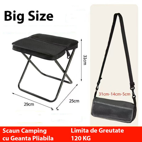 Scaun pliabil camping negru desfășurat, dimensiuni 31x29x25 cm, structură cadru metalic în X