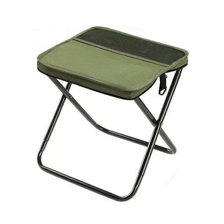 Scaun taburet pliabil camping din pânză Oxford verde și cadru metalic, vedere frontală, 31x29x25 cm