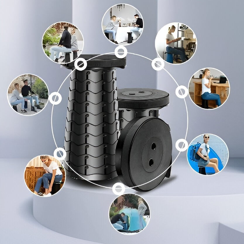 Scaun Telescopic Pliabil pentru Camping si Pescuit, Vivimall, Portabil, Universal, Sustine 150 kg, ABS, Diametru 25 cm, Extensibil, Inaltime 45 cm, Negru - vivimall.ro