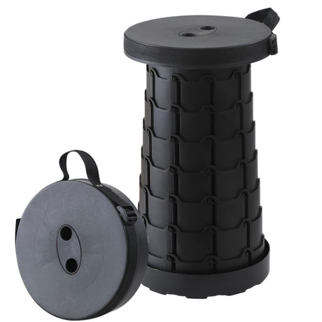 Scaun Telescopic Pliabil pentru Camping si Pescuit, Vivimall, Portabil, Universal, Sustine 150 kg, ABS, Diametru 25 cm, Extensibil, Inaltime 45 cm, Negru - vivimall.ro