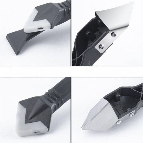 Set Racleta Pentru Indepartare Adeziv, Racleta Pentru Silicon Si Lipici, 5 Capete Din Silicon, Dimensiune Inchisa 18.8 X 4 X 2.8 Cm, Metal, Negru - vivimall.ro