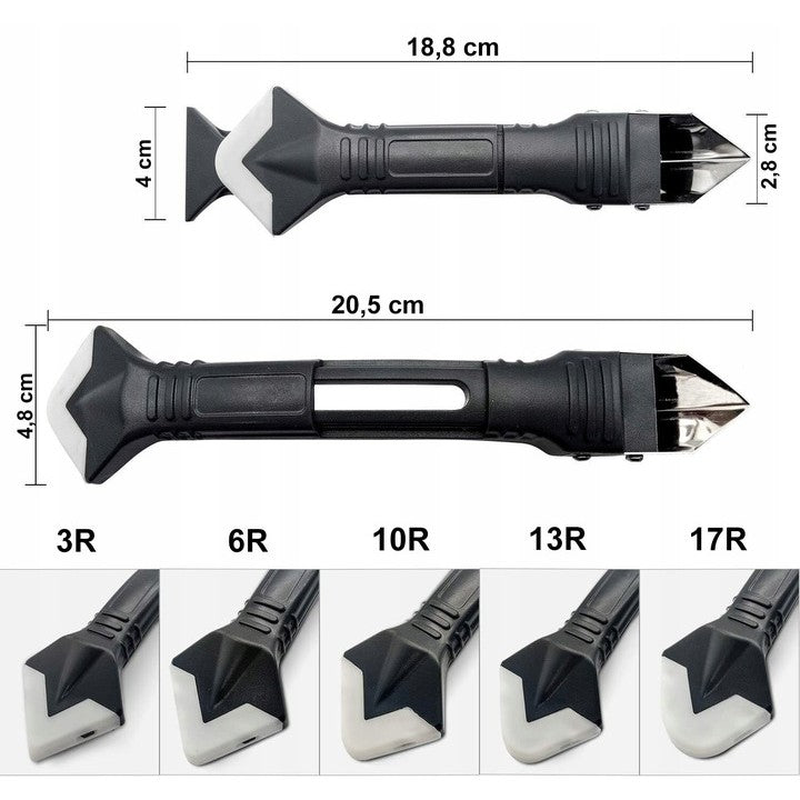 Set Racleta Pentru Indepartare Adeziv, Racleta Pentru Silicon Si Lipici, 5 Capete Din Silicon, Dimensiune Inchisa 18.8 X 4 X 2.8 Cm, Metal, Negru - vivimall.ro