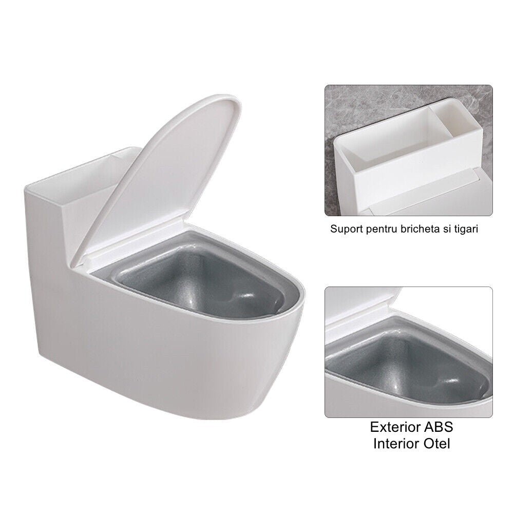 Scrumiera Creativa Forma De Toaleta, Capac Alb, Material Abs Si Otel Inoxidabil, 12.5 X 9.8 X 8.4 Cm, Fixare Prin Lipire Sau De Sine Statator, Pentru Baie, Camera, Bucatarie, Balcon, Alb - vivimall.ro
