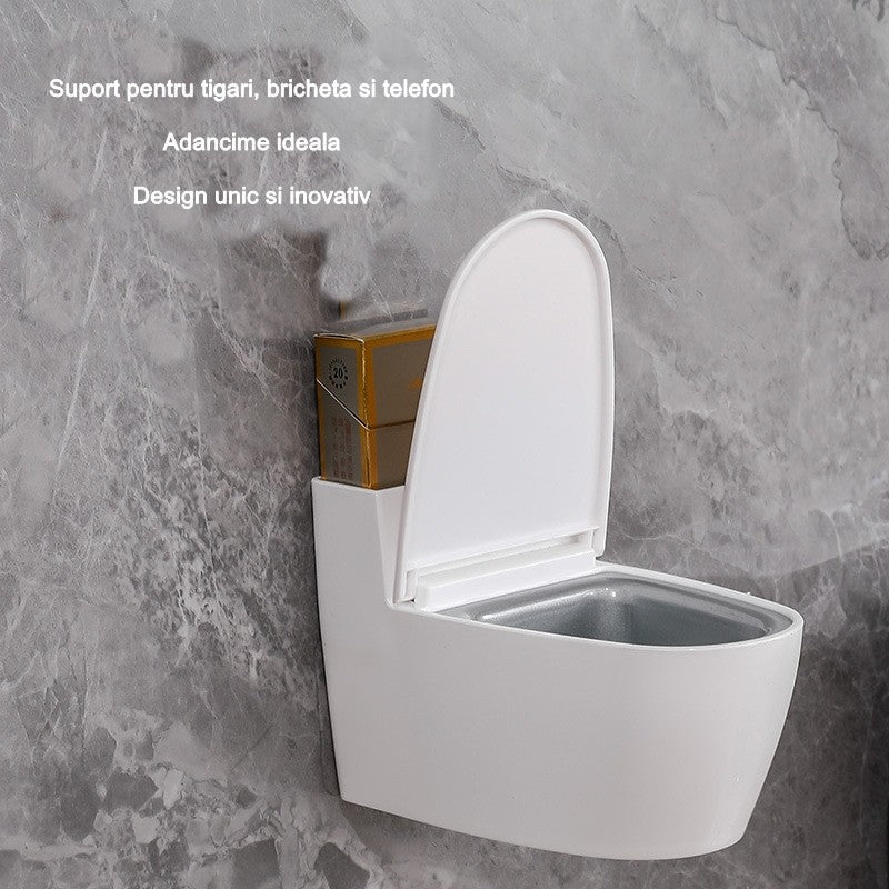 Scrumiera Creativa Forma De Toaleta, Capac Alb, Material Abs Si Otel Inoxidabil, 12.5 X 9.8 X 8.4 Cm, Fixare Prin Lipire Sau De Sine Statator, Pentru Baie, Camera, Bucatarie, Balcon, Alb - vivimall.ro