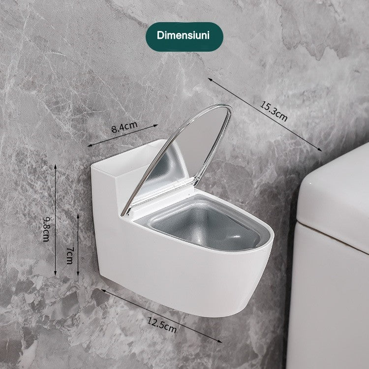 Scrumiera Creativa Forma De Toaleta, Capac Alb, Material Abs Si Otel Inoxidabil, 12.5 X 9.8 X 8.4 Cm, Fixare Prin Lipire Sau De Sine Statator, Pentru Baie, Camera, Bucatarie, Balcon, Alb - vivimall.ro