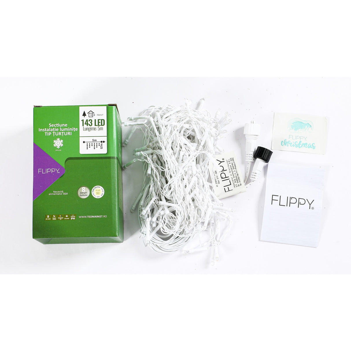 Sectiune de Craciun Vivimall® Tip Turturi, 8 jocuri de lumini Sectiu 5 m, 143 LED-uri, Interconectabila, Fir Alb, Alb Cald - vivimall.ro