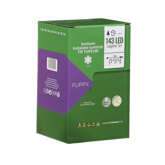 Sectiune de Craciun Flippy® Tip Turturi, 8 jocuri de lumini Sectiu 5 m, 143 LED-uri, Interconectabila, Fir Alb, Alb Cald - vivimall.ro