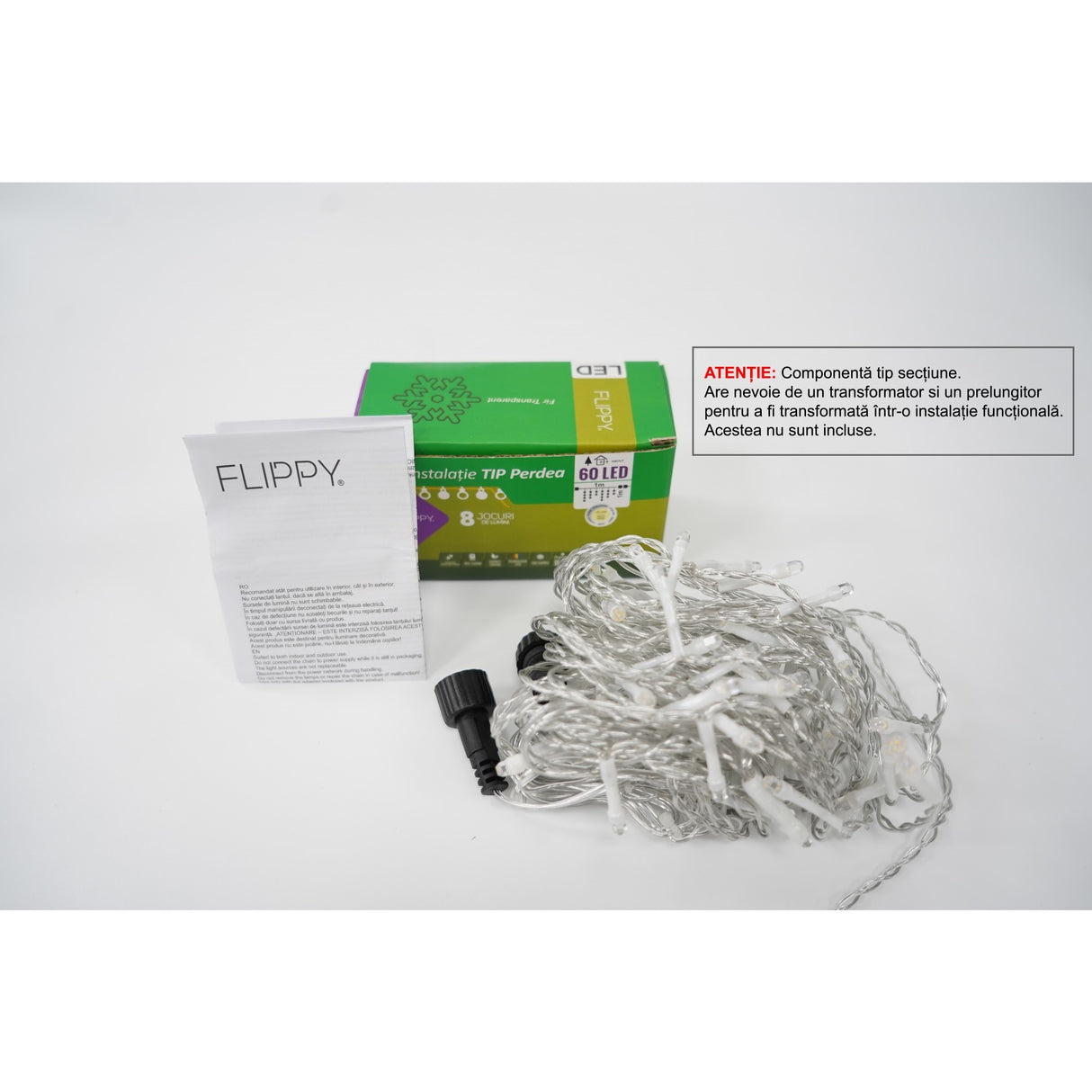 Sectiune Instalatie de Craciun Vivimall Tip Perdea, 8 jocuri de lumini, 1x1 m, 60 LED-uri, Interconectabila, Fir Transparent, Alb Cald - vivimall.ro