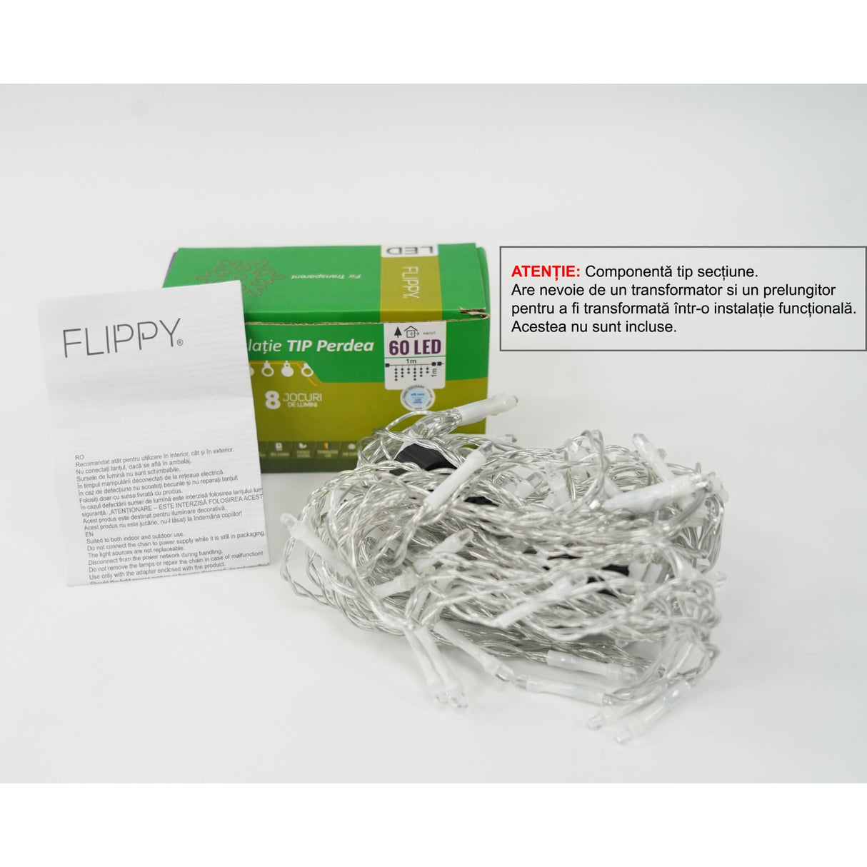 Instalație perdea Crăciun Flippy 1x1 m, 60 LED-uri alb rece, fir transparent, vedere frontală produs