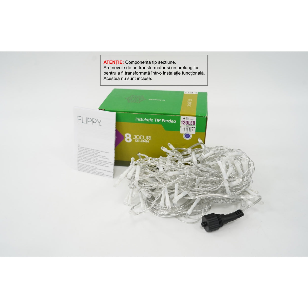 Instalație perdea Crăciun Flippy cu 120 LED-uri albastre, dimensiuni 2m x 1m, fir transparent, 8 jocuri de lumini