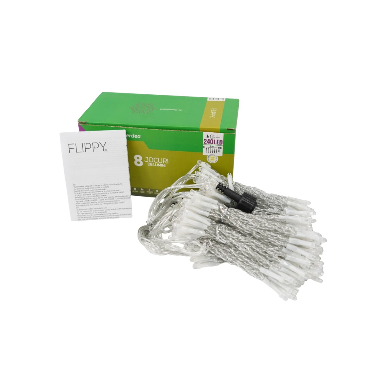 Sectiune Instalatie de Craciun Flippy Tip Perdea, 8 jocuri de lumini, 2m x2 m, 240 LED-uri, Interconectabila, Fir Transparent, Alb-cald - vivimall.ro