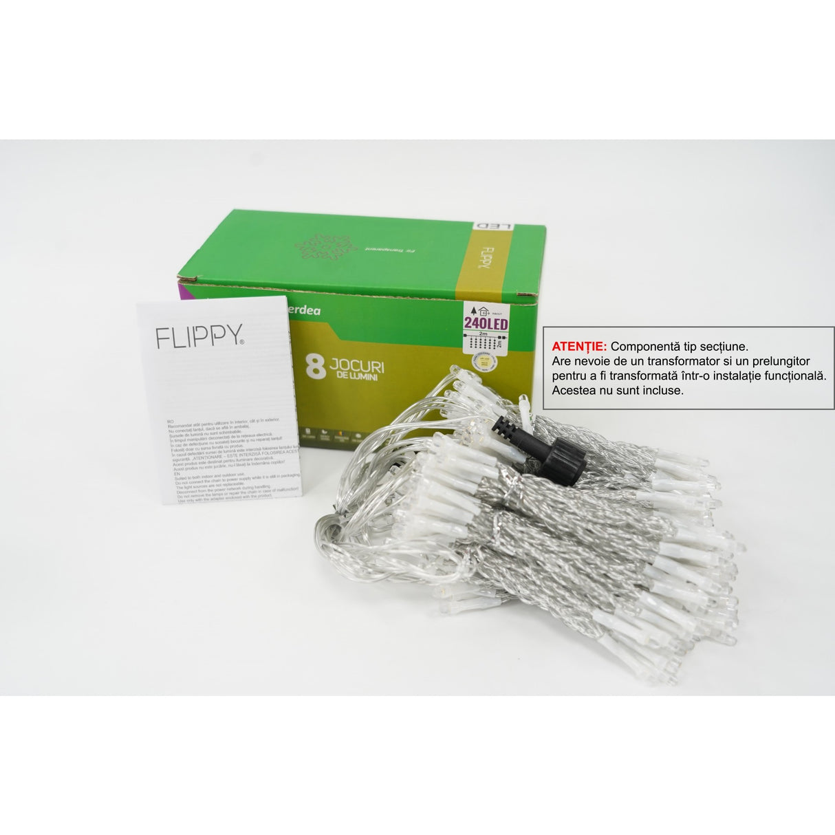 Sectiune Instalatie de Craciun Flippy Tip Perdea, 8 jocuri de lumini, 2m x2 m, 240 LED-uri, Interconectabila, Fir Transparent, Alb-cald - vivimall.ro