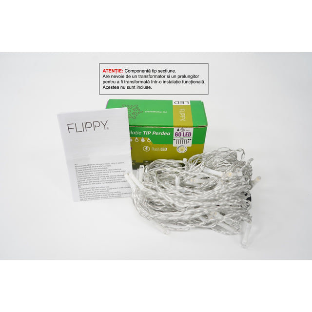 Instalație perdea Flippy 1m x 1m cu 60 LED-uri alb-cald și efect flash, fir transparent, vedere frontală