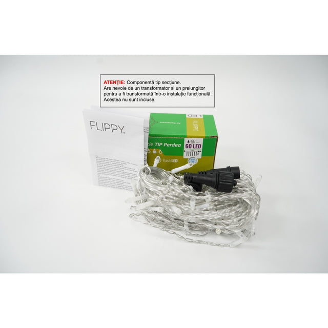 Instalație perdea Crăciun Flippy 1x1 m, 60 LED-uri alb rece cu efect flash și fir transparent, vedere frontală
