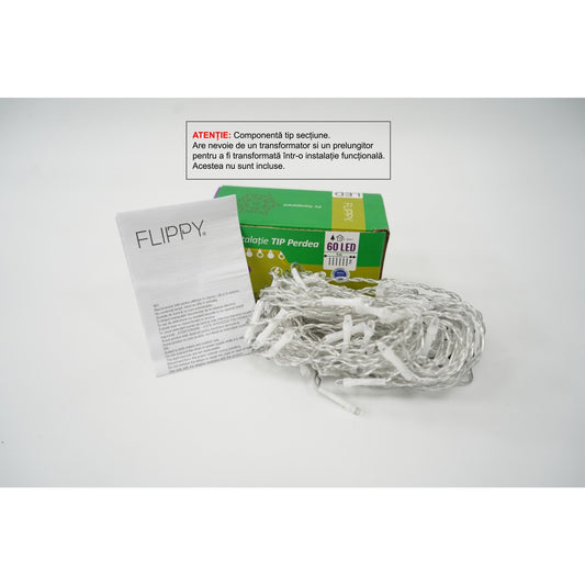 Sectiune Instalatie de Craciun Flippy Tip Perdea, cu Flash, 1 m x 1 m, 60 LED-uri, Interconectabila, Fir Transparent, Albastru - vivimall.ro