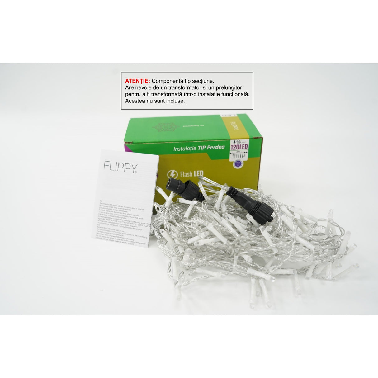 Sectiune Instalatie de Craciun Flippy Tip Perdea, cu Flash, 2 m x 1 m, 120 LED-uri, Interconectabila, Fir Transparent, Albastru - vivimall.ro