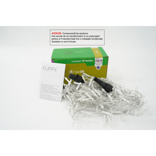 Instalație perdea Crăciun Flippy cu 120 LED-uri albastre, 2x1 m, fir transparent, funcție flash, vedere frontală