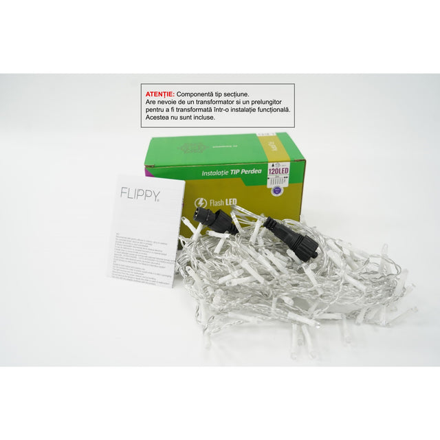 Sectiune Instalatie de Craciun Flippy Tip Perdea, cu Flash, 2 m x 1 m, 120 LED-uri, Interconectabila, Fir Transparent, Albastru - vivimall.ro