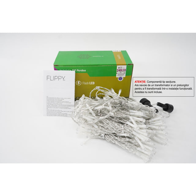 Instalație perdea Crăciun Flippy, 240 LED-uri albastre, 2x2 m, efect flash, fir transparent, vedere frontală
