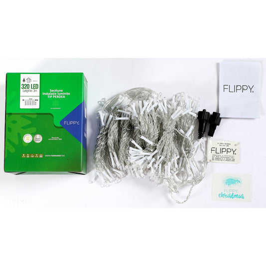 Sectiune Instalatie de Craciun Flippy Tip Perdea, cu 8 jocuri de lumini, 3 m x 3 m, 240 LED-uri, Interconectabila, Fir Transparent, Alb Rece