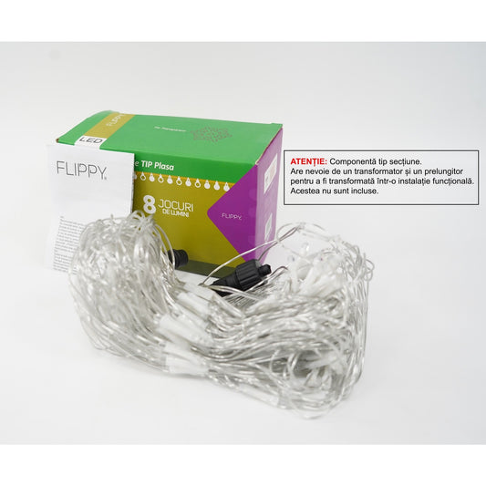 Sectiune Instalatie de Craciun Flippy, Tip Plasa, 120 LED-uri, 1.5 x 1.5 m, 8 jocuri de lumini, Interconectabila, Fir transparent, Alb rece - vivimall.ro