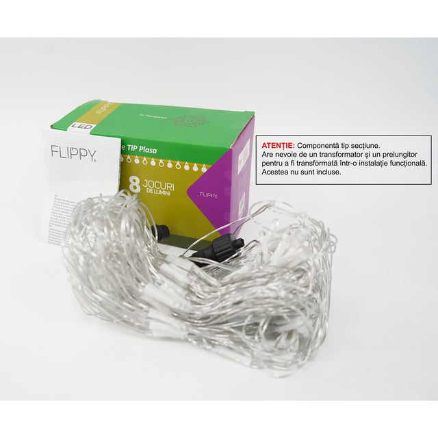 Sectiune Instalatie de Craciun Flippy, Tip Plasa, 120 LED-uri, 1.5 x 1.5 m, 8 jocuri de lumini, Interconectabila, Fir transparent, Alb rece - vivimall.ro