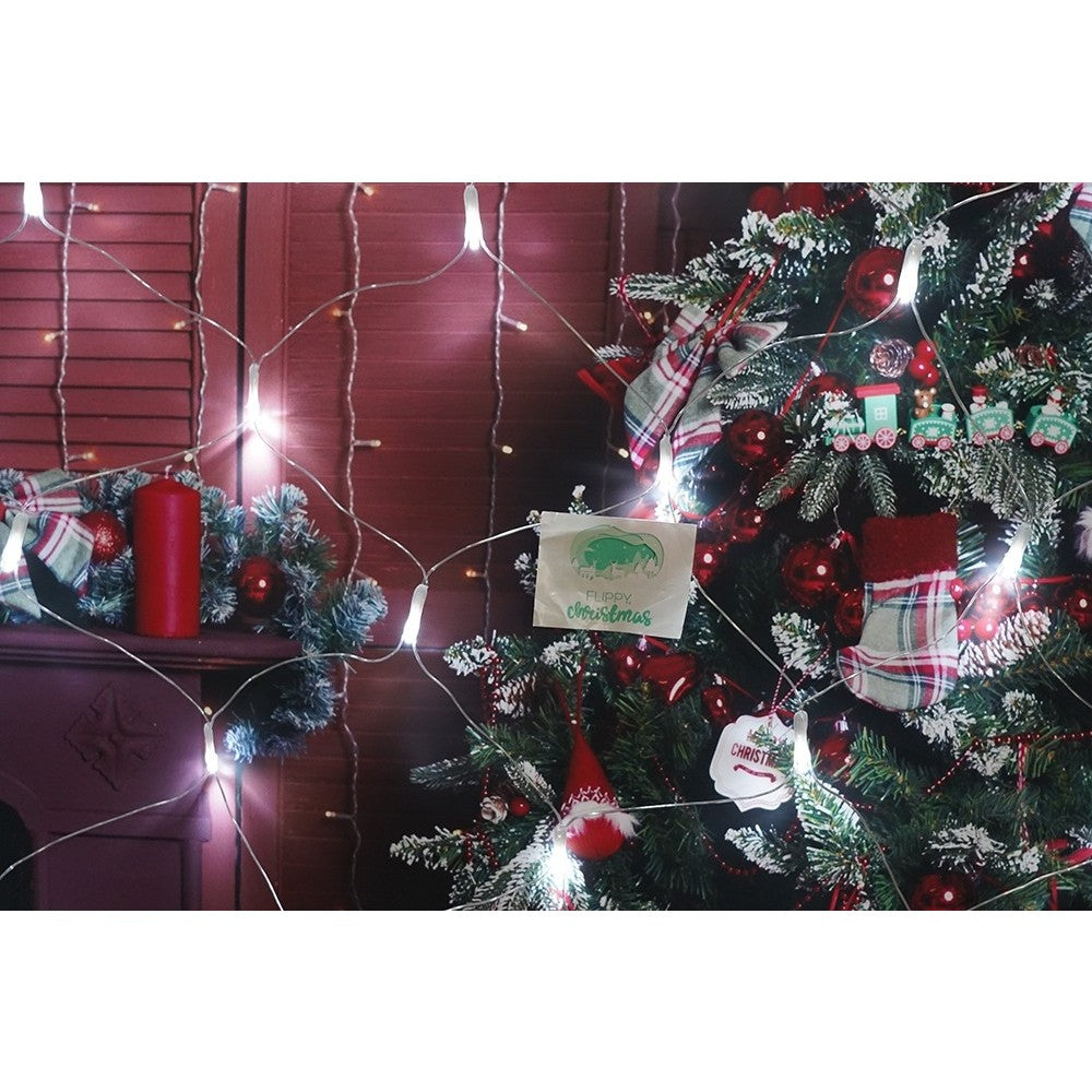 Secțiune plasă LED Flippy 2x1 m, detaliu LED-uri alb rece iluminate, vedere de aproape
