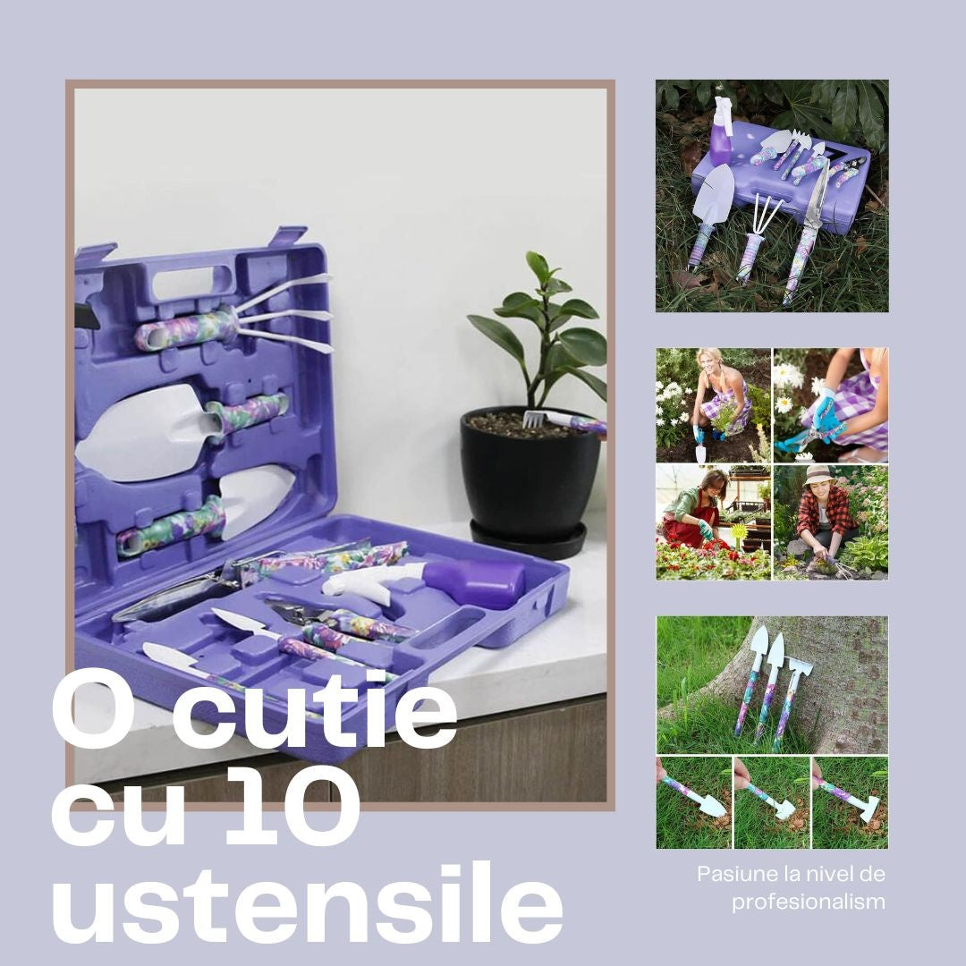 Set 10 Accesorii Pentru Gradinarit Geanta Depozitare Inclusa, Otel Inoxidabil, 37 X 28 Cm - vivimall.ro