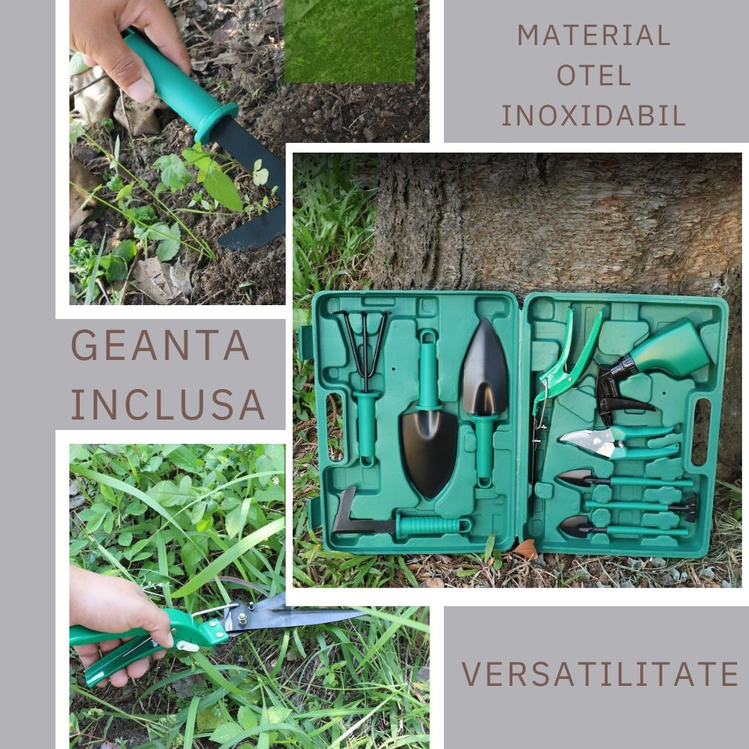 Set 10 Accesorii Pentru Gradinarit Geanta Depozitare Inclusa, Otel Inoxidabil, 37 X 28 Cm - vivimall.ro