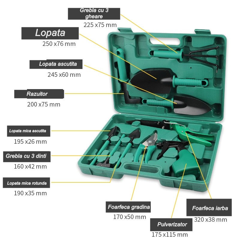 Set 10 Accesorii Pentru Gradinarit Geanta Depozitare Inclusa, Otel Inoxidabil, 37 X 28 Cm - vivimall.ro