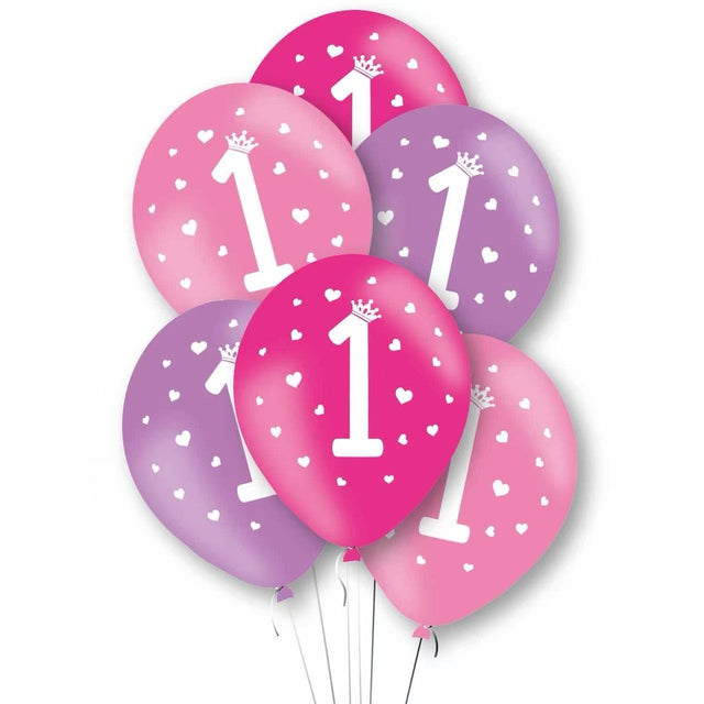 Set 10 baloane decor aniversare 1 an fetițe, latex 25 cm, culori roz și mov cu mesaj dedicat, vedere frontală