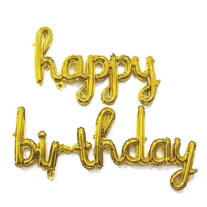 Set 10 Baloane din Folie Metalizata, Flippy, Figurine Litere, Model Scris de Mana Happy Birthday, Tema Aniversare, 40 cm, Ambalaj Individual, Pai Inclus, Umflare cu Aer sau Heliu, Auriu