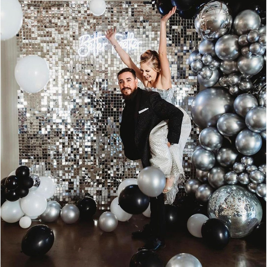 Set 10 Baloane din Latex Chrome, Vivimall, Model Party, 23 cm, Negru Argintiu, 2.2 g